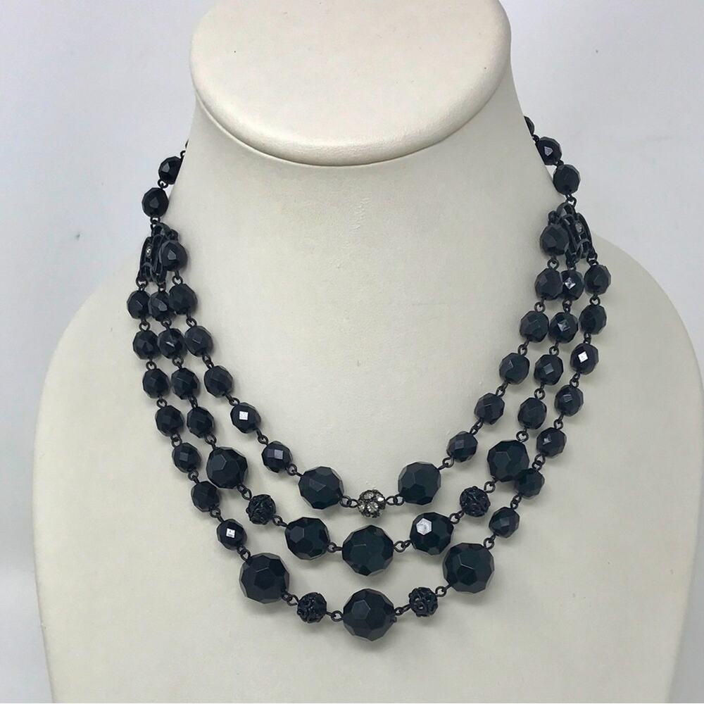 Robert Rose Necklace Vintage 3 Tier Black